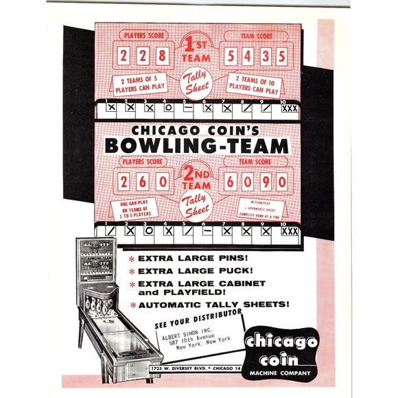 1960s Chicago Coin Bowling-Team Arcade Game Flyer Vintage Ephemera - Picture 1 of 2